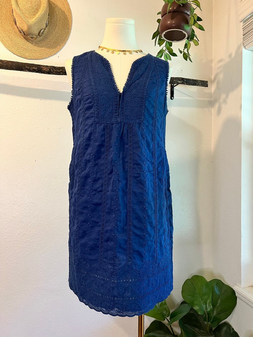 Massimo Dutti Navy Blue 100% Cotton Sleeveless Summer Mini Dress Size XS